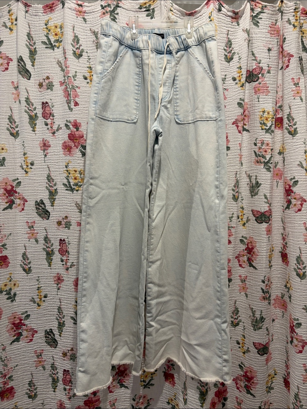 Wide-Leg Drawstring Waist Light Blue Denim Pants